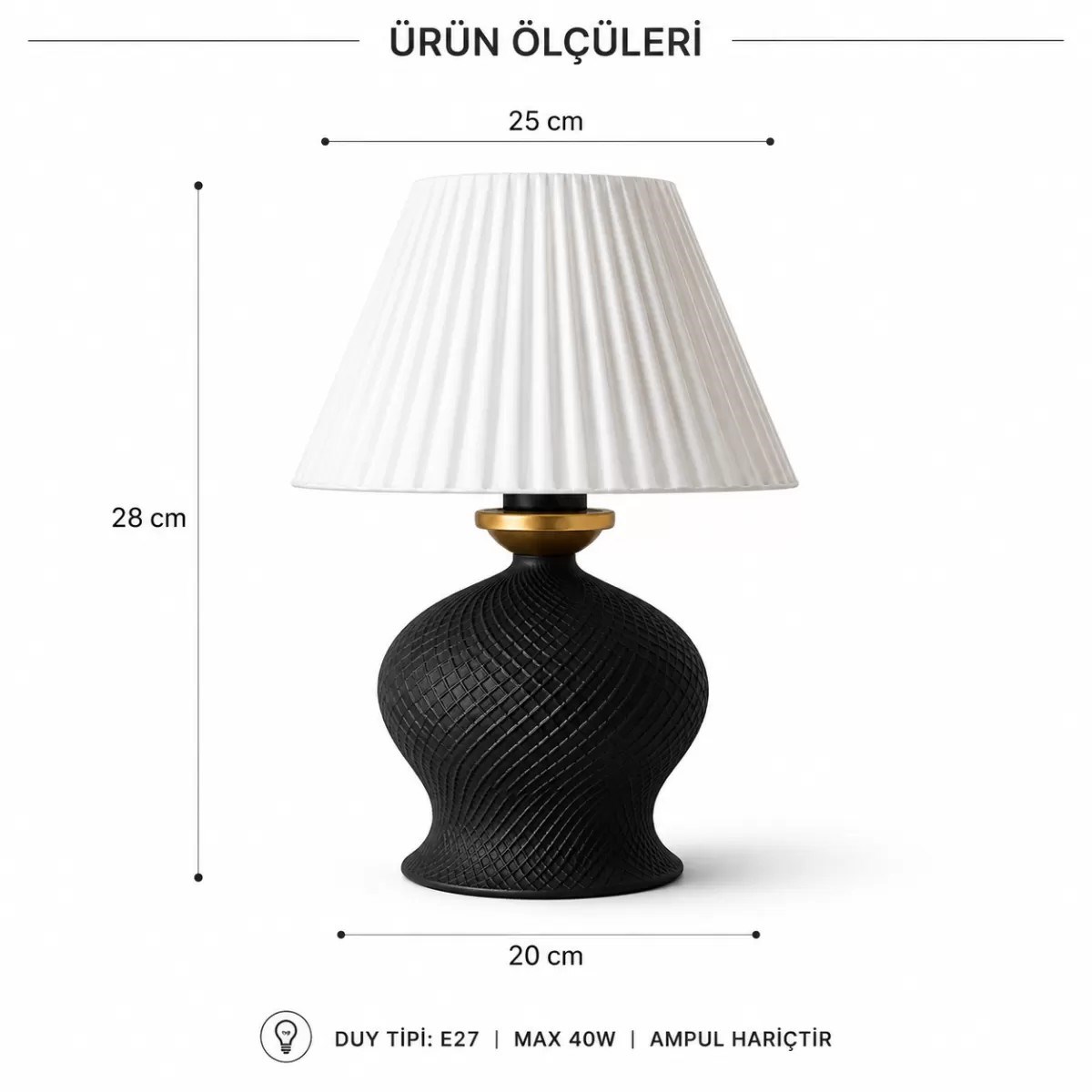 Luxury Tasarımlı Abajur – Yatak Odası Ve Çocuk Odası İçin Dekoratif Aydınlatma 31x45 Cm Alt Siyah