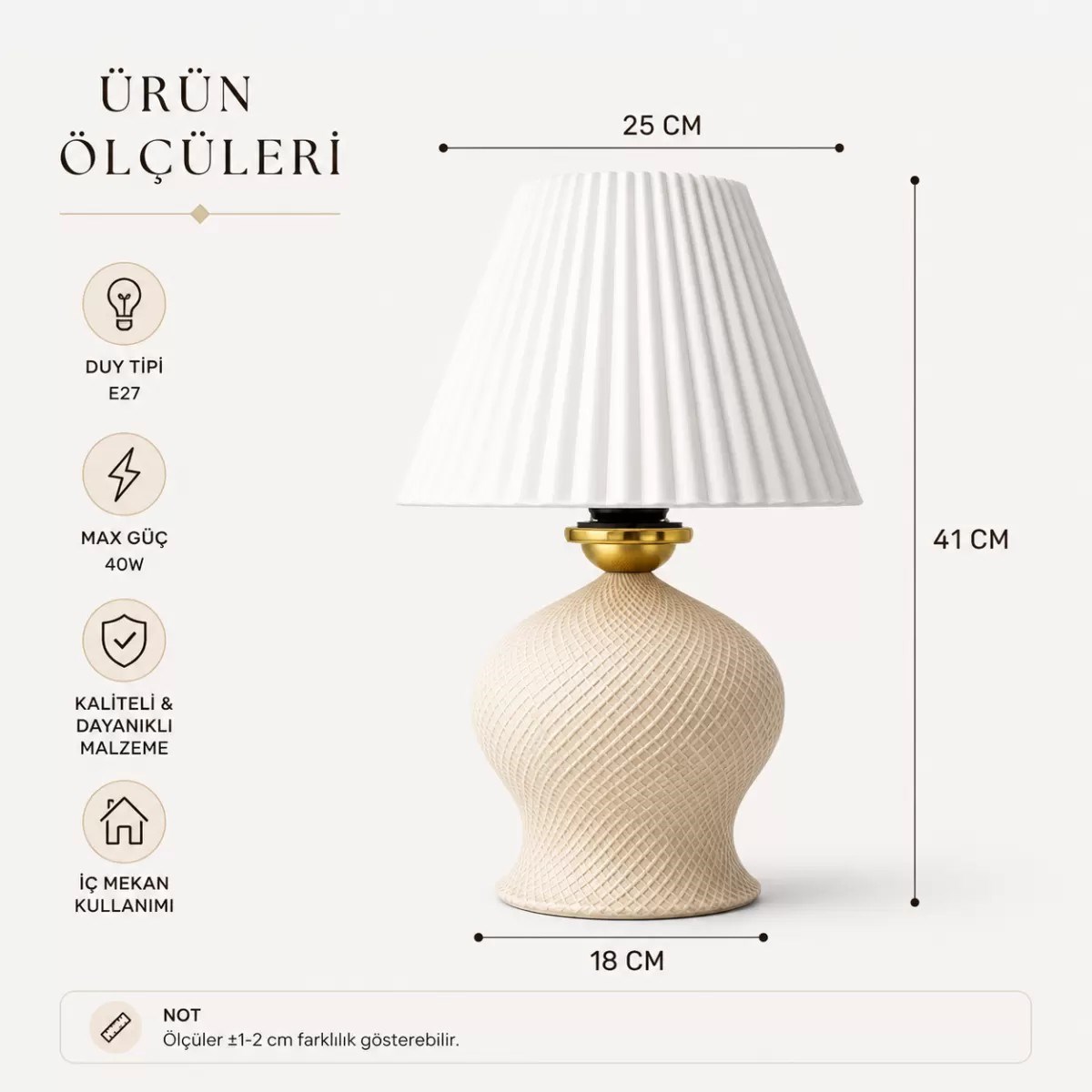 Luxury Tasarımlı Abajur – Yatak Odası Ve Çocuk Odası İçin Dekoratif Aydınlatma 31x45 Cm Alt Krem