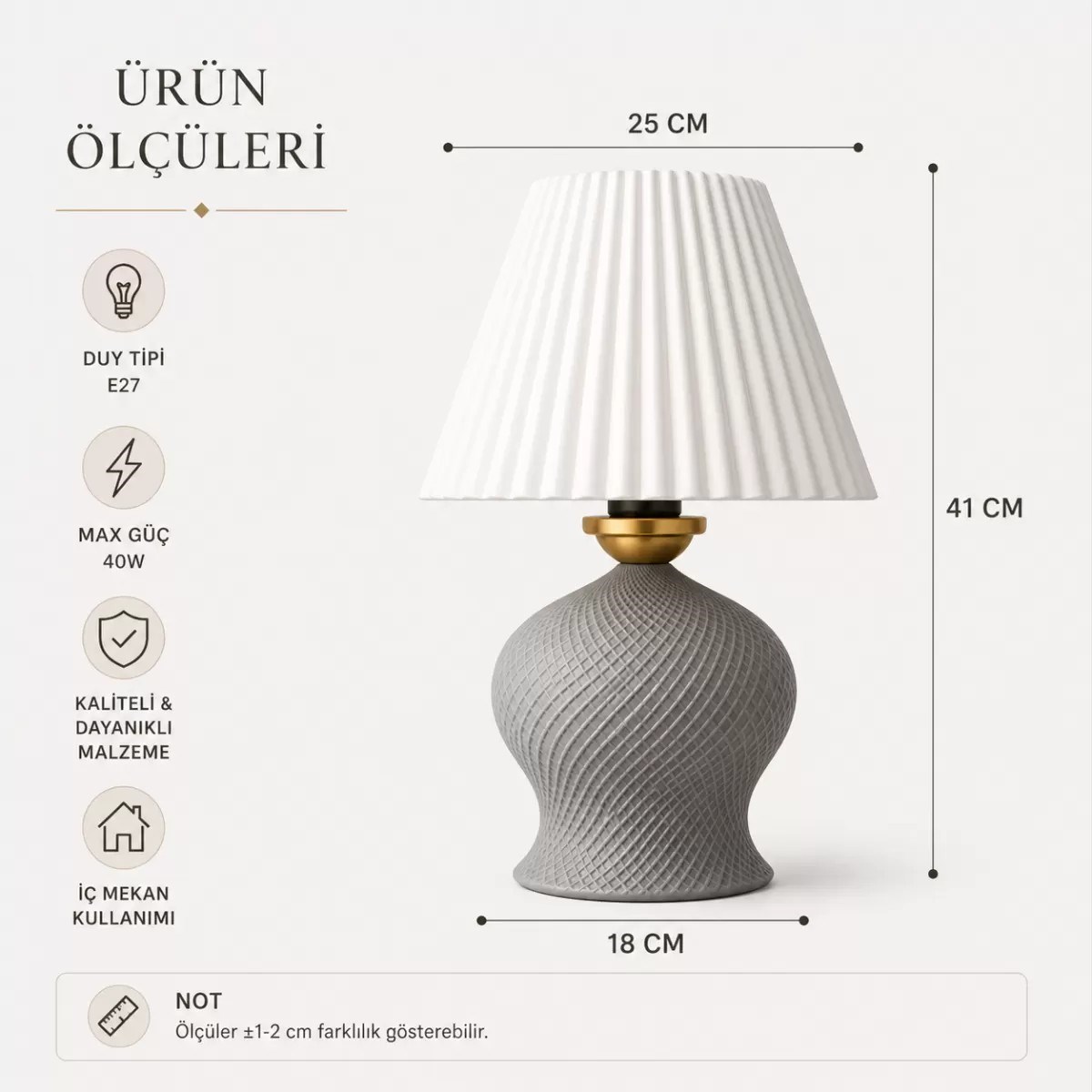 Luxury Tasarımlı Abajur – Yatak Odası Ve Çocuk Odası İçin Dekoratif Aydınlatma 31x45 Cm Alt Gri
