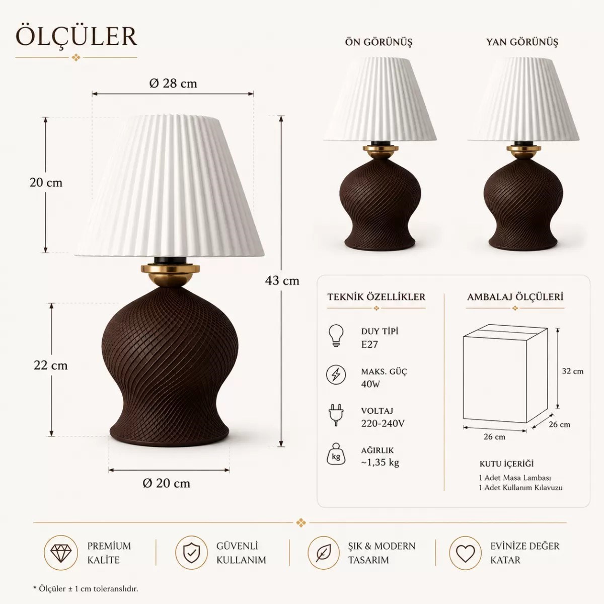 Luxury Tasarımlı Abajur – Yatak Odası Ve Çocuk Odası İçin Dekoratif Aydınlatma 31x45 Cm Alt Kahverengi
