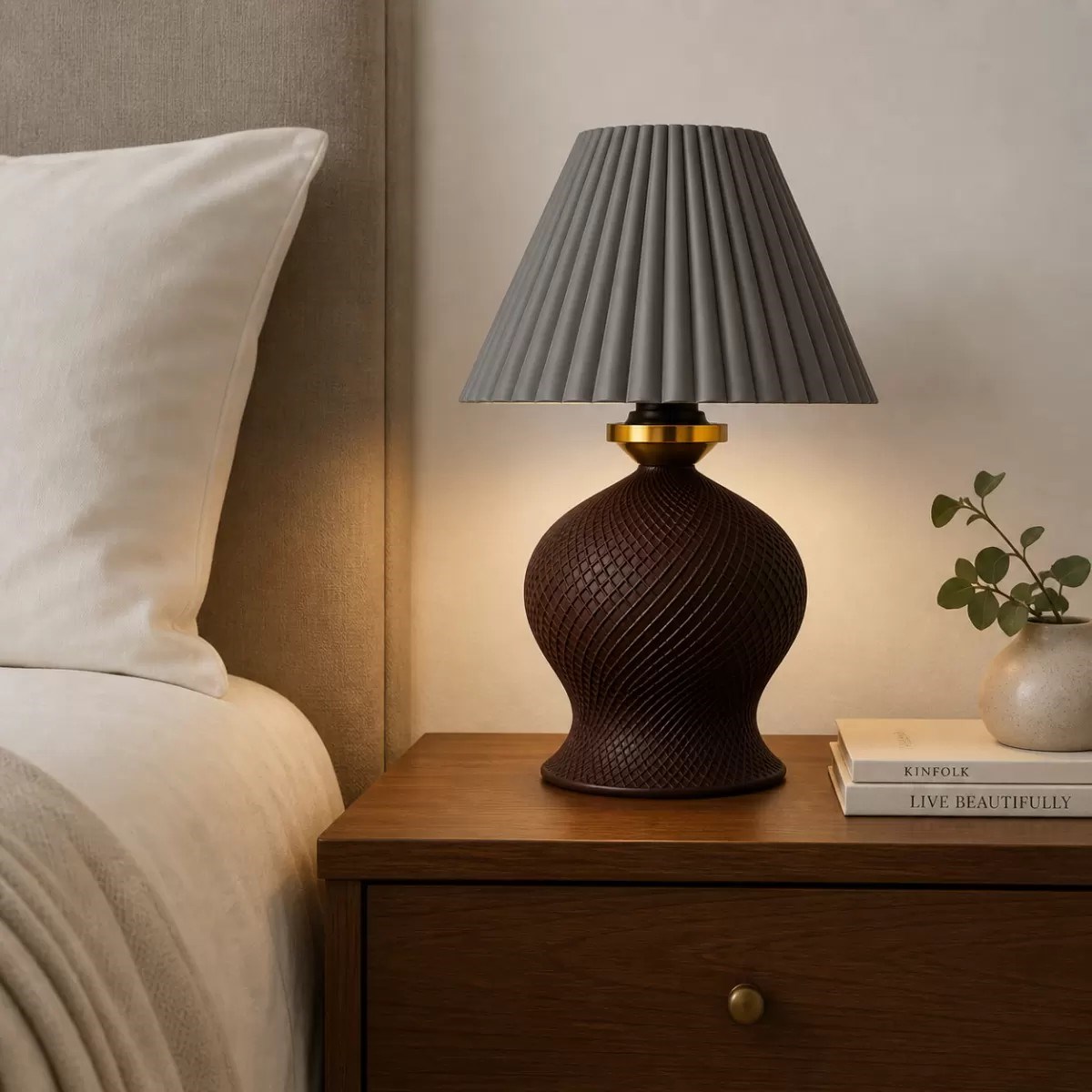 Luxury Tasarımlı Abajur – Yatak Odası Ve Çocuk Odası İçin Dekoratif Aydınlatma 31x45 Cm Üst Gri Alt Kahverengi