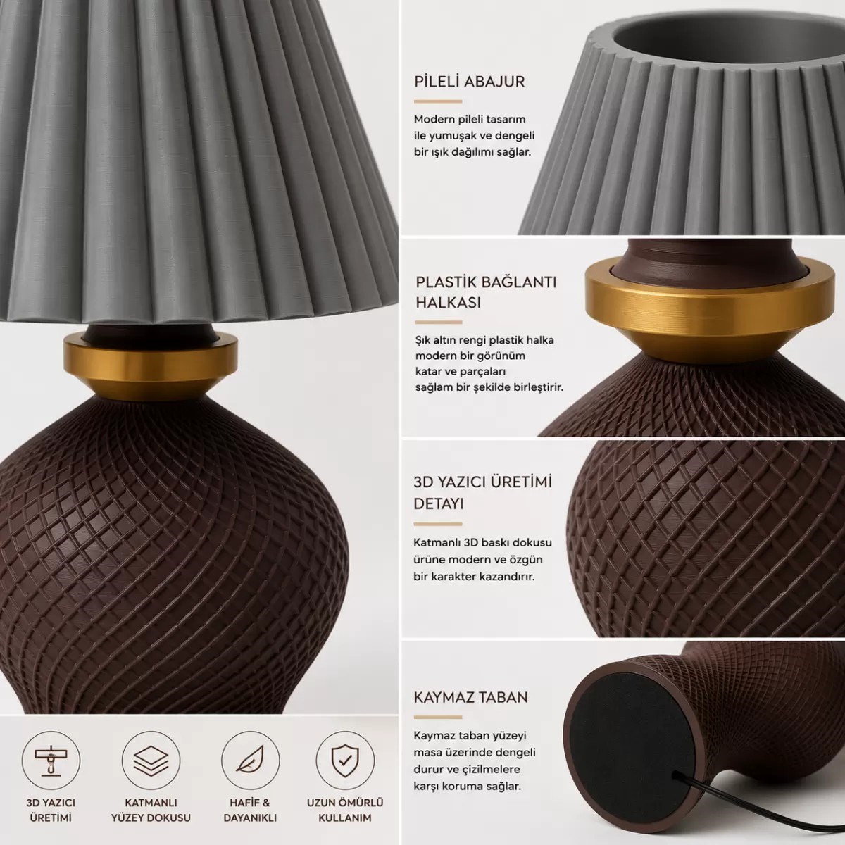 Luxury Tasarımlı Abajur – Yatak Odası Ve Çocuk Odası İçin Dekoratif Aydınlatma 31x45 Cm Üst Gri Alt Kahverengi