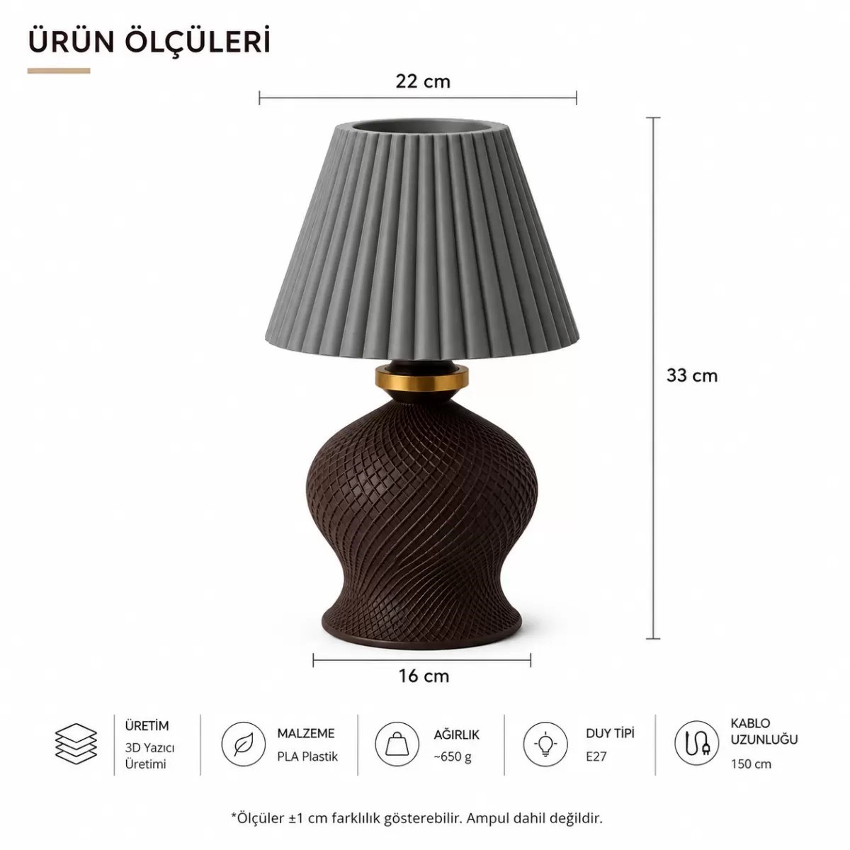 Luxury Tasarımlı Abajur – Yatak Odası Ve Çocuk Odası İçin Dekoratif Aydınlatma 31x45 Cm Üst Gri Alt Kahverengi