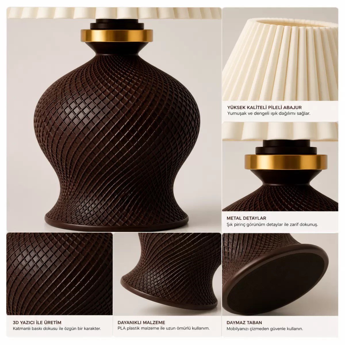 Luxury Tasarımlı Abajur – Yatak Odası Ve Çocuk Odası İçin Dekoratif Aydınlatma 31x45 Cm Üst Krem Alt Kahverengi