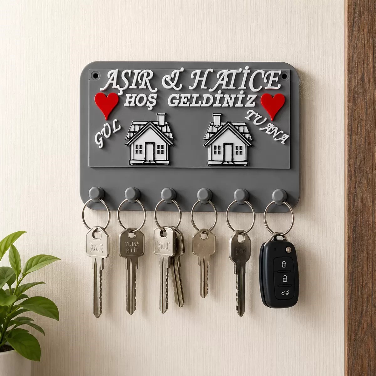 Premium Kişiye Özel Tasarlanabilir House Dekoratif Duvar Anahtarlık Askısı Gri