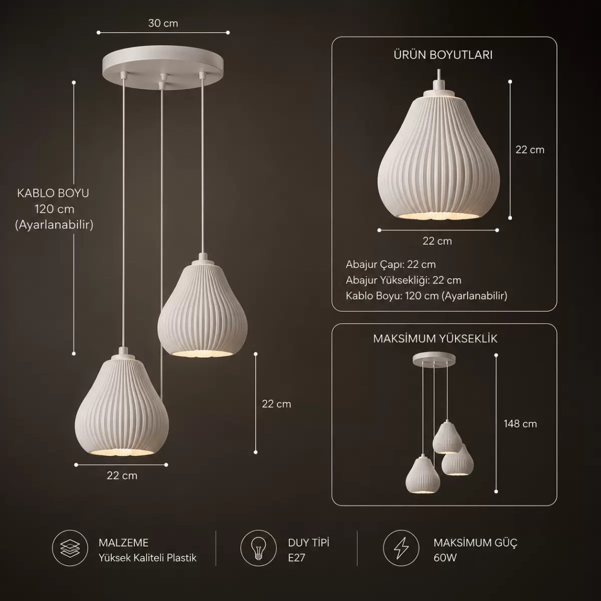 Lumi̇nera Salon Oturma Odasi Üçlü Sarkıt Avize – Salon Aydınlatması 70 Cm