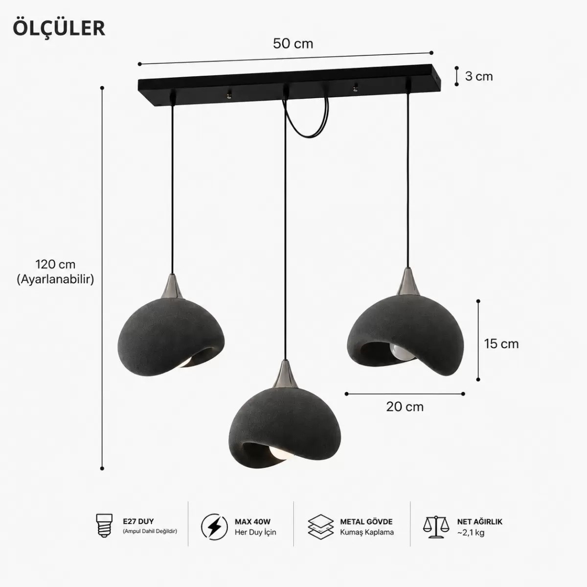 Beton Görünümlü 3d Pla Plastik İskandinav Tarz Sarkıt Avize – Salon Ve Cafe İçin 61-70 Cm Gri