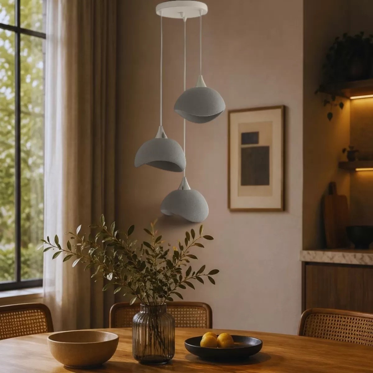 Beton Görünümlü İskandinav Tarzı Salon Oturma Odası 3’lü Avize 32 X 70 Cm Gri