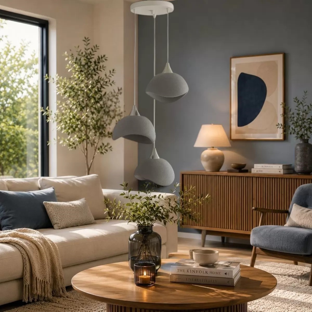 Beton Görünümlü İskandinav Tarzı Salon Oturma Odası 3’lü Avize 32 X 70 Cm Gri