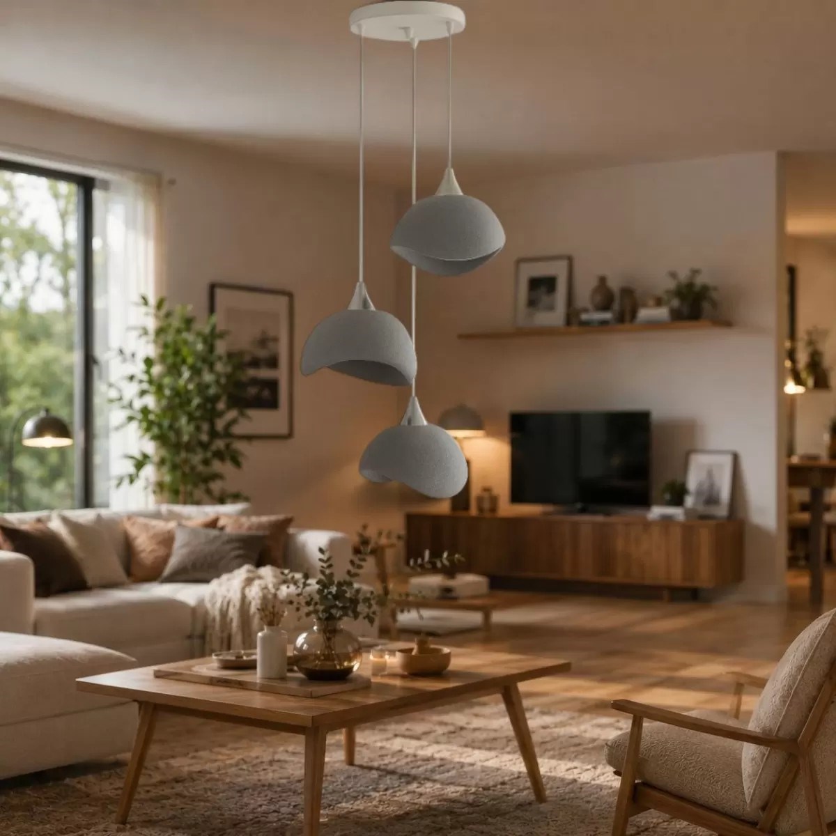 Beton Görünümlü İskandinav Tarzı Salon Oturma Odası 3’lü Avize 32 X 70 Cm Gri