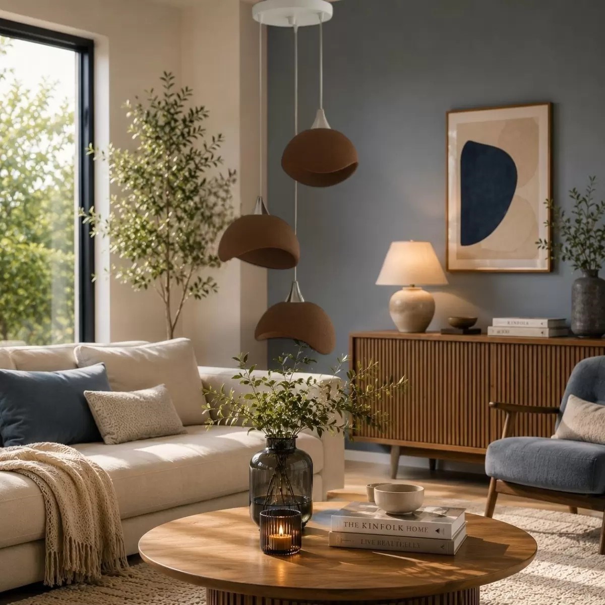 Beton Görünümlü İskandi̇nav Tarzı Salon Oturma Odası 3’lü Avize 32 X 70 Cm Kahverengi