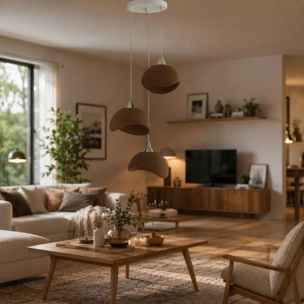 Beton Görünümlü İskandi̇nav Tarzı Salon Oturma Odası 3’lü Avize 32 X 70 Cm Kahverengi