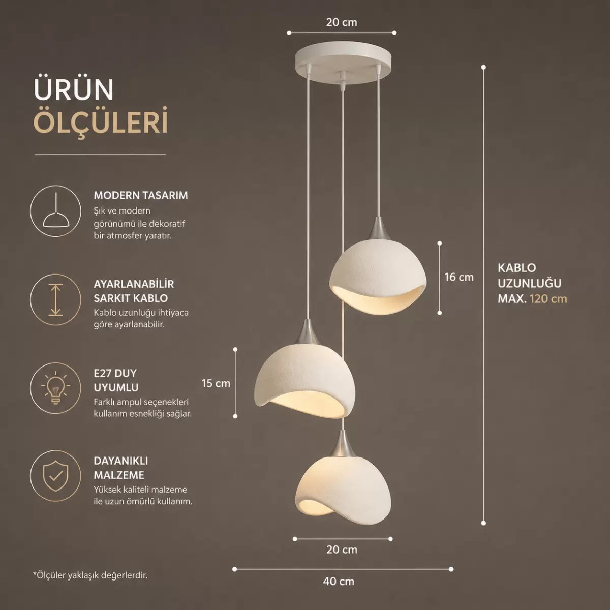 Beton Görünümlü İskandi̇nav Tarzi Salon Oturma Odası 3’lü Avize 32 X 70 Cm Beyaz