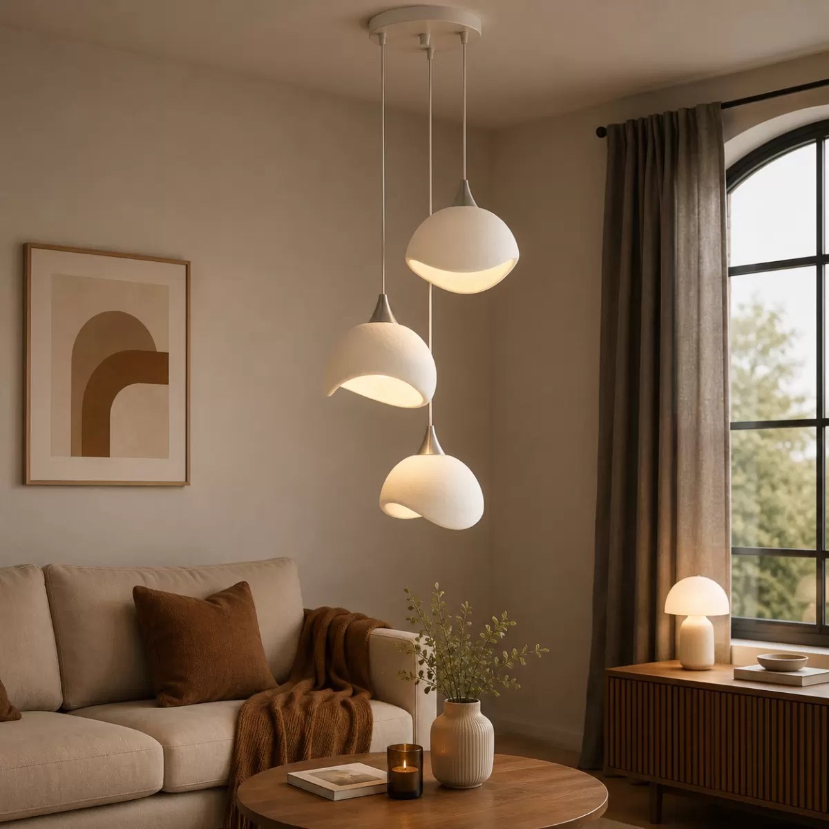 Beton Görünümlü İskandi̇nav Tarzi Salon Oturma Odası 3’lü Avize 32 X 70 Cm Beyaz