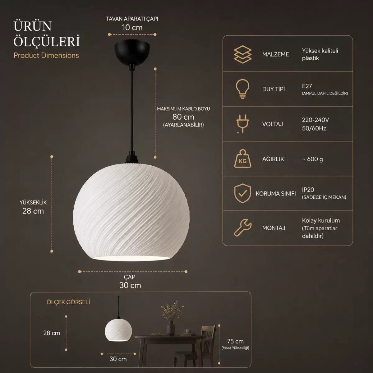 Still Sarkıt Avize Salon Mutfak Yatak Odası Aydınlatması 62 Cm Beyaz
