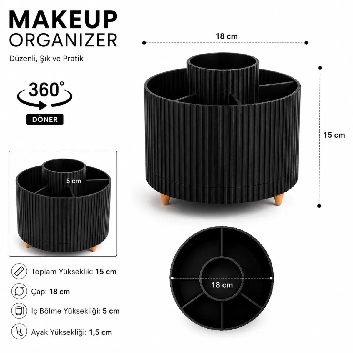 Masa Üstü Çok Amaçlı 360  Derece Dönen Organizer  – Dekoratif Ürün 20x20 Cm Siyah