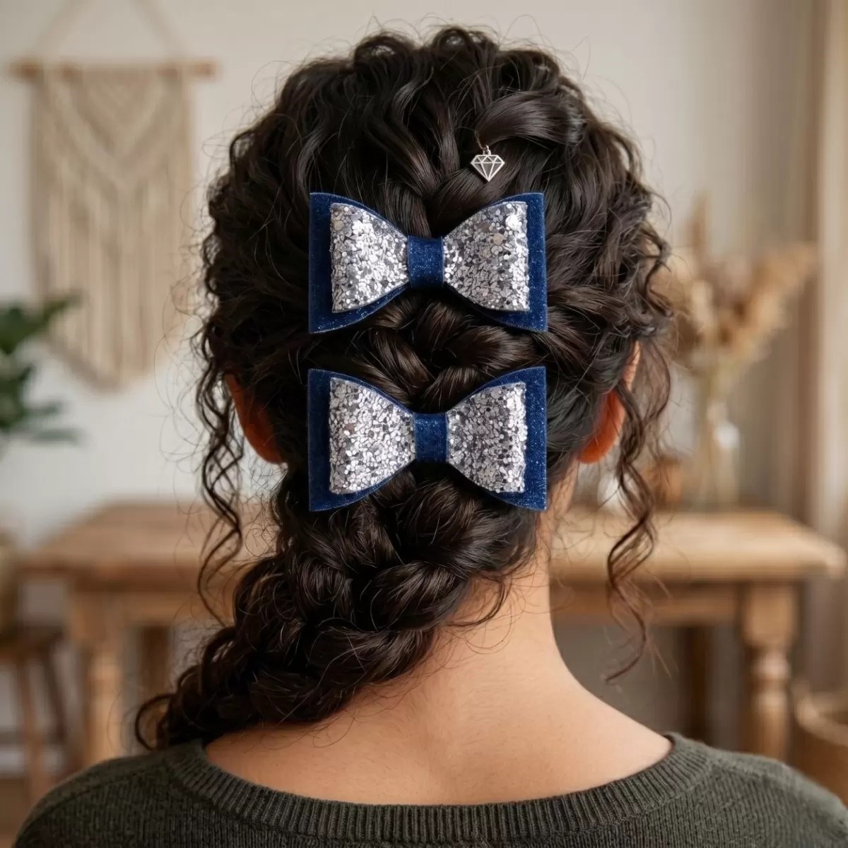 El Yapımı Işıltılı Suni Deri Glitter Toka Seti 2’li Fiyonk Lacivert