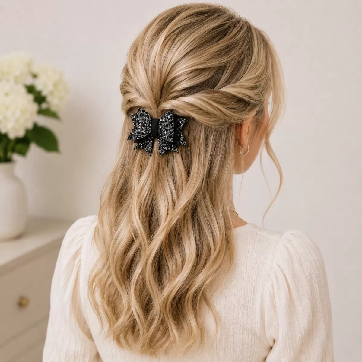 Işıltılı Glitter Tasarımlı Fiyonk Saç Tokası Gri Pullu