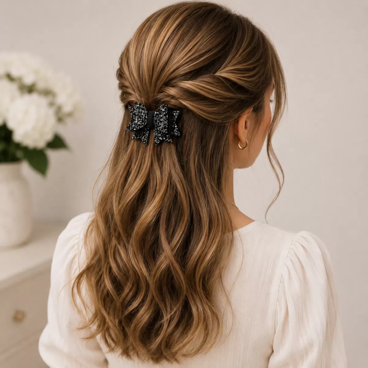 Işıltılı Glitter Tasarımlı Fiyonk Saç Tokası Gri Pullu