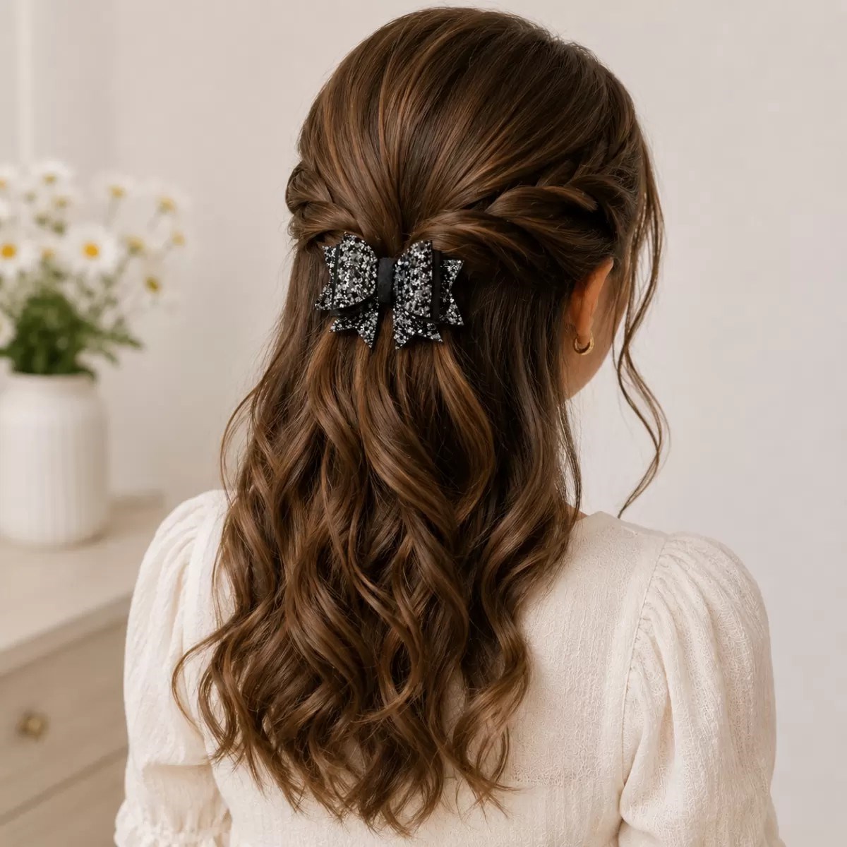Işıltılı Glitter Tasarımlı Fiyonk Saç Tokası Gri Pullu