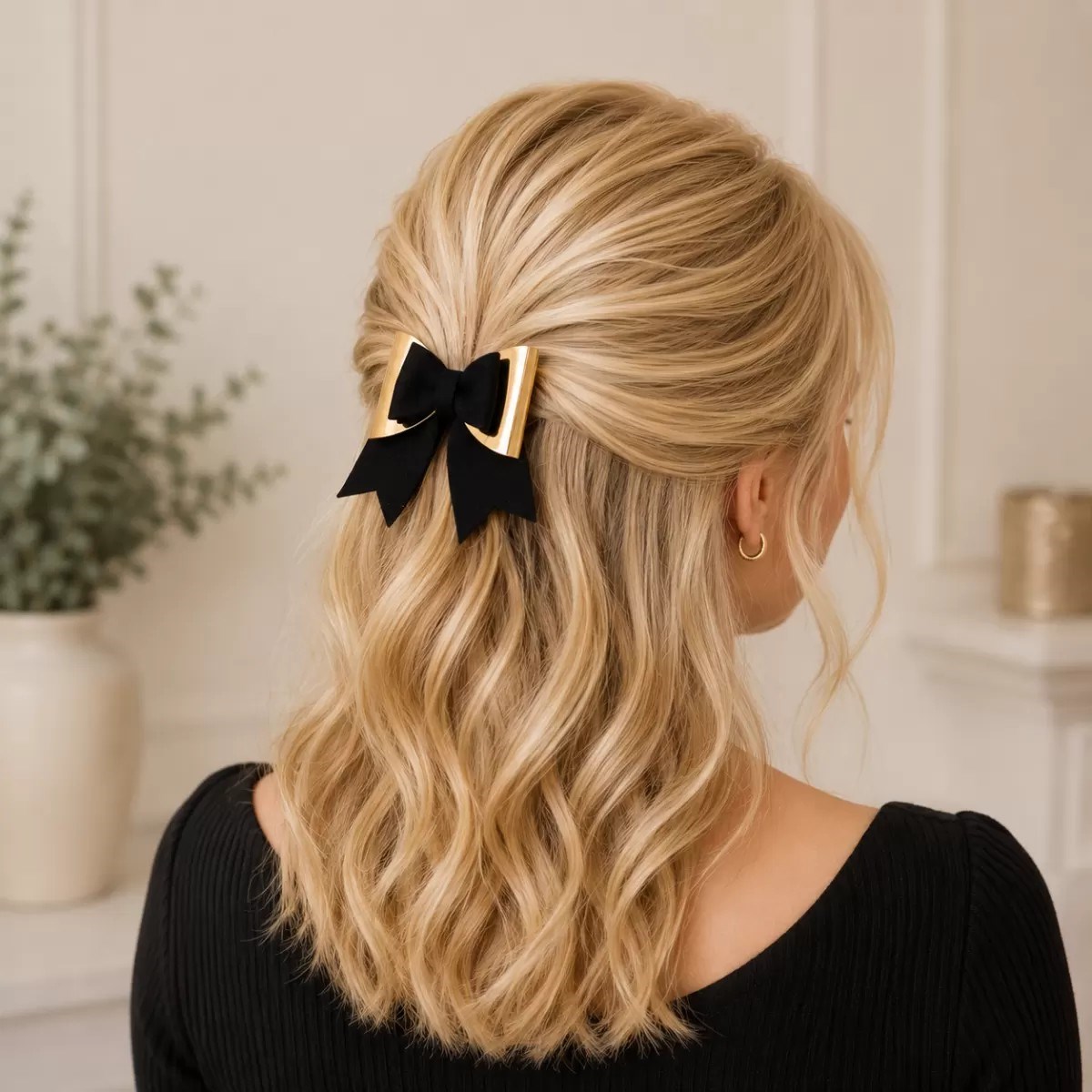 Glitter Detaylı Fiyonk Saç Tokası 9x6 Cm Siyah-gold