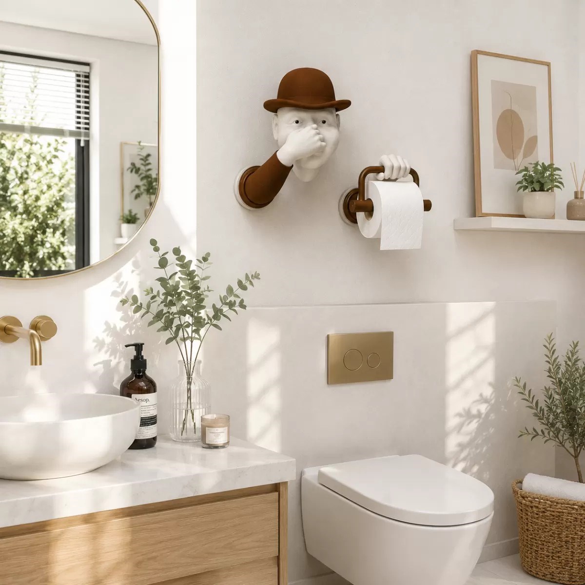 3d İnsan Figürlü Tuvalet Kağıdı Askılığı – Eğlenceli Banyo Dekoru Kahverengi