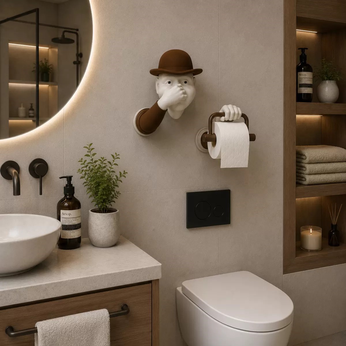 3d İnsan Figürlü Tuvalet Kağıdı Askılığı – Eğlenceli Banyo Dekoru Kahverengi