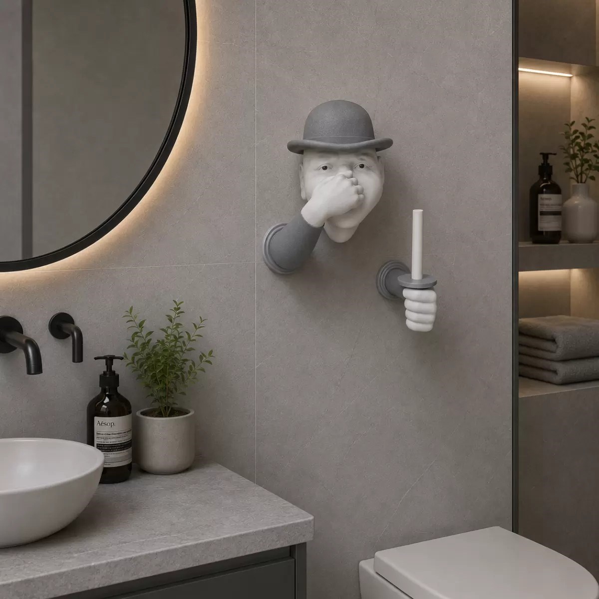 3d İnsan Figürlü Tuvalet Kağıdı Askılığı – Eğlenceli Banyo Dekoru Gri