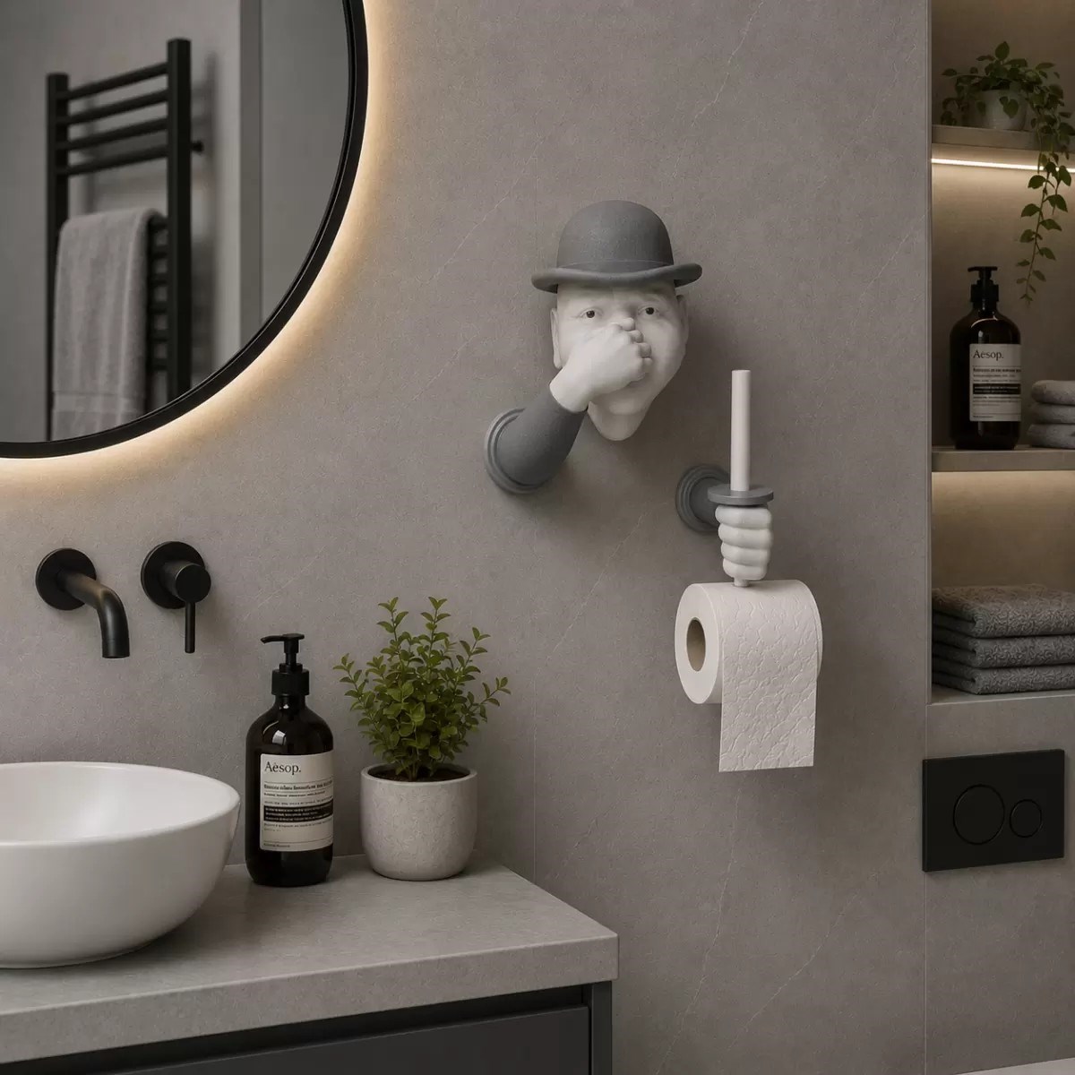 3d İnsan Figürlü Tuvalet Kağıdı Askılığı – Eğlenceli Banyo Dekoru Gri