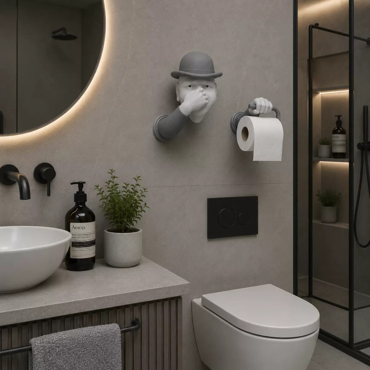 3d İnsan Figürlü Tuvalet Kağıdı Askılığı – Eğlenceli Banyo Dekoru Gri
