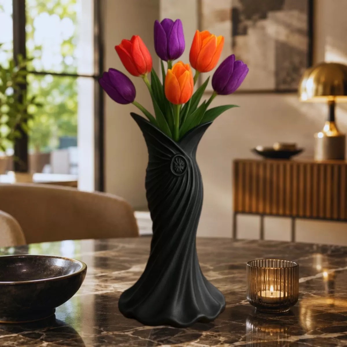 Plasti̇k İskandi̇nav Bohem Kadin Plasti̇k 3d Vazo 22 Cm Siyah