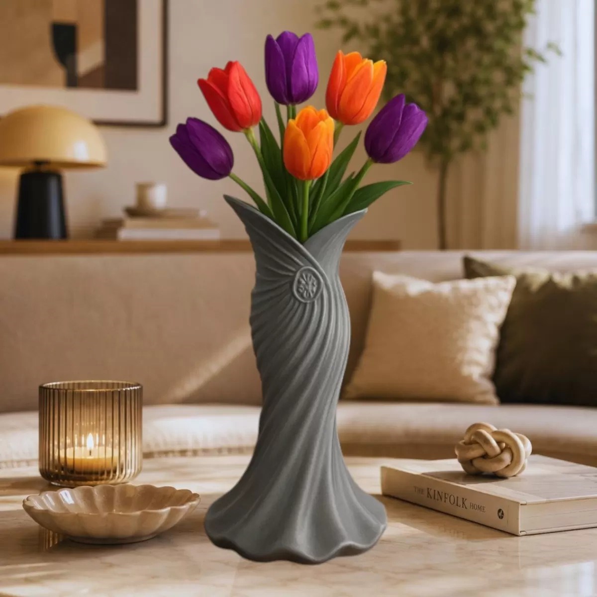 Plasti̇k İskandi̇nav Bohem Kadin Plasti̇k 3d Vazo 22 Cm Gri