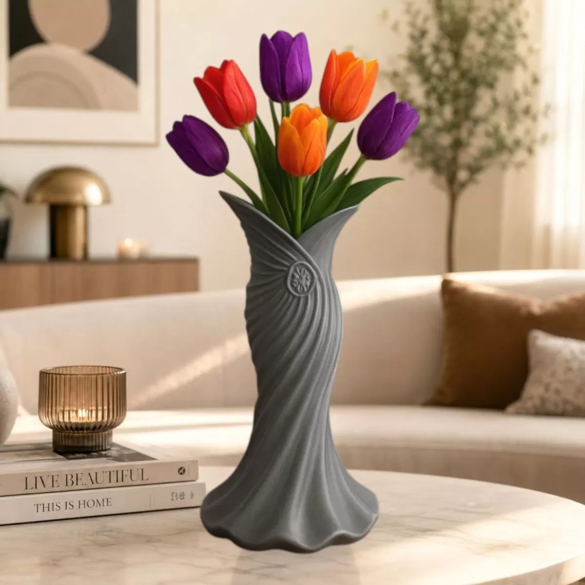 Plasti̇k İskandi̇nav Bohem Kadin Plasti̇k 3d Vazo 22 Cm Gri