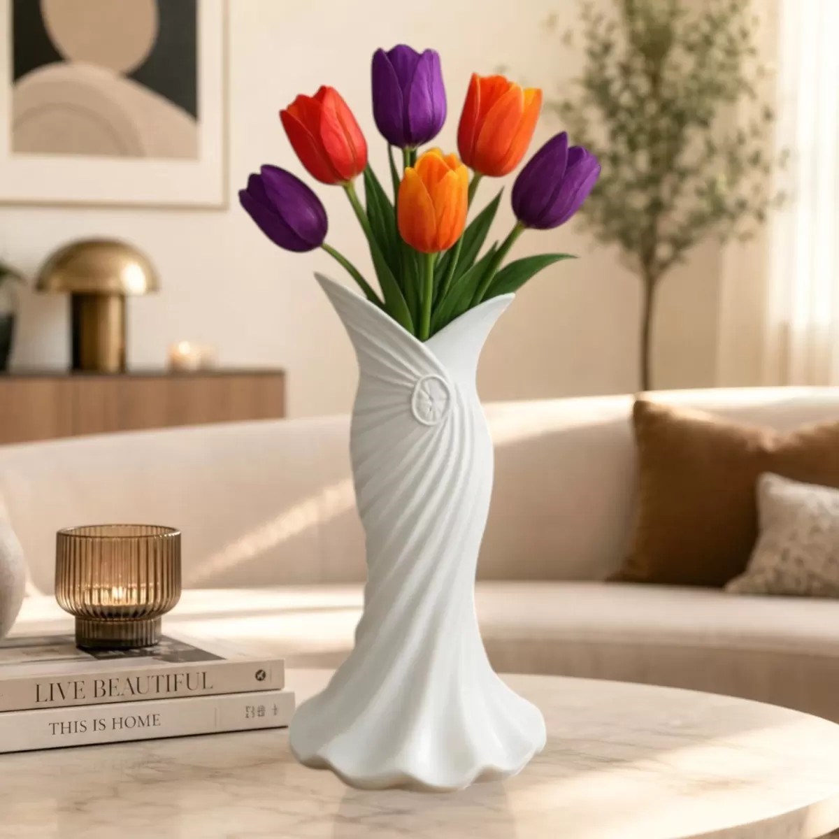 Plasti̇k İskandi̇nav Bohem Kadin Plasti̇k 3 D Vazo 22 Cm Beyaz