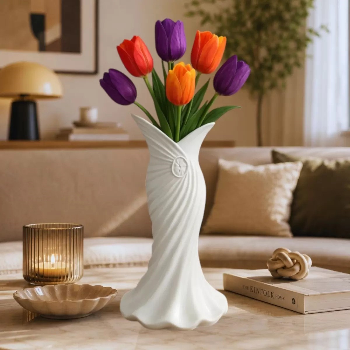Plasti̇k İskandi̇nav Bohem Kadin Plasti̇k 3 D Vazo 22 Cm Beyaz