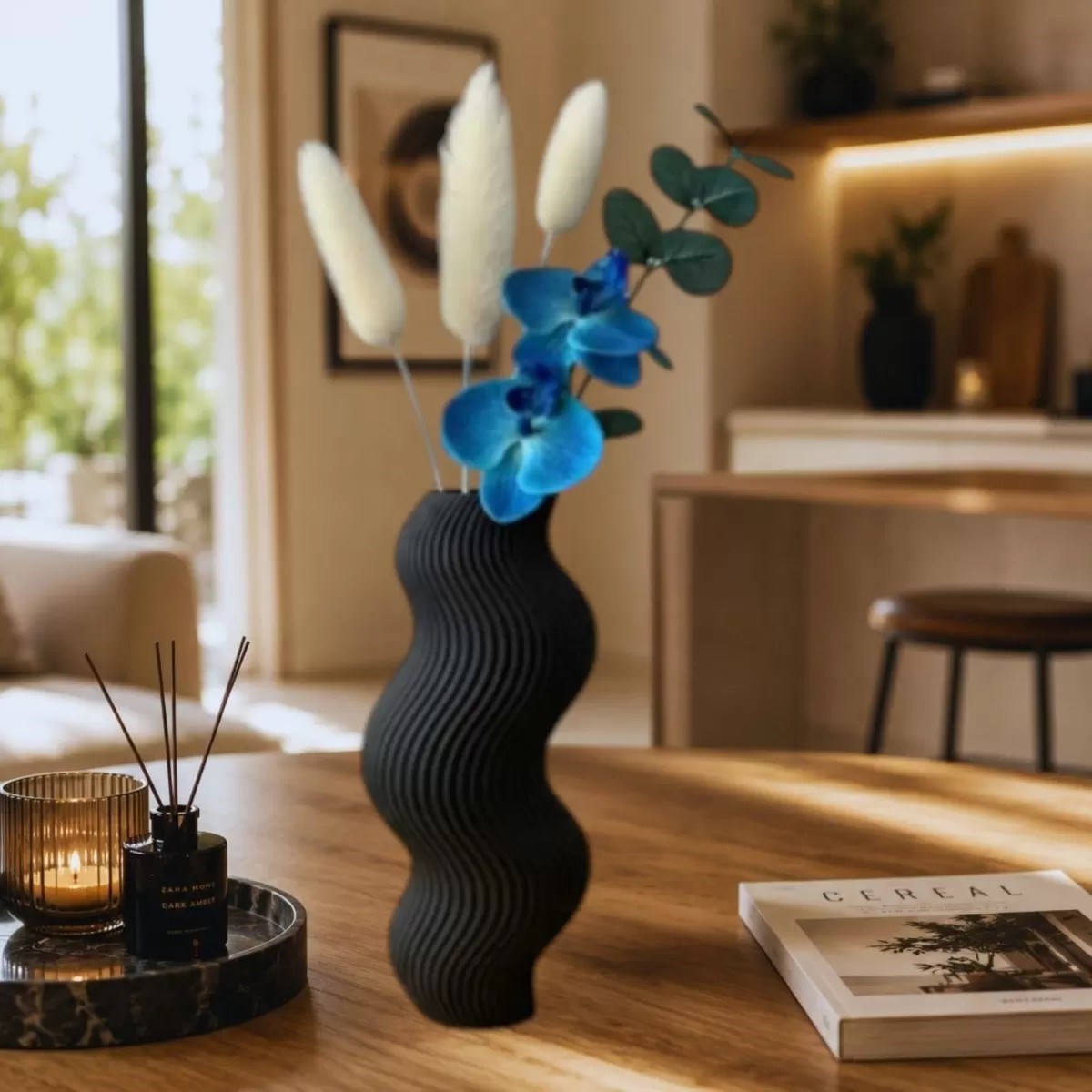 İskandinav Tarz Dalgalı Formlu Dekoratif 3d Vazo Siyah