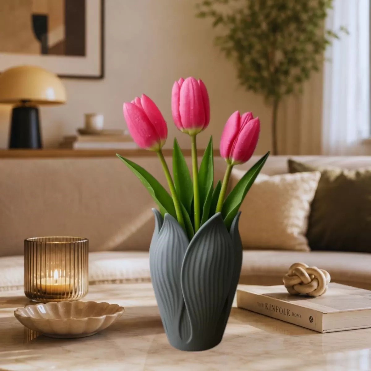 Lotus 3d Dekorati̇f Vazo 18 Cm Gri