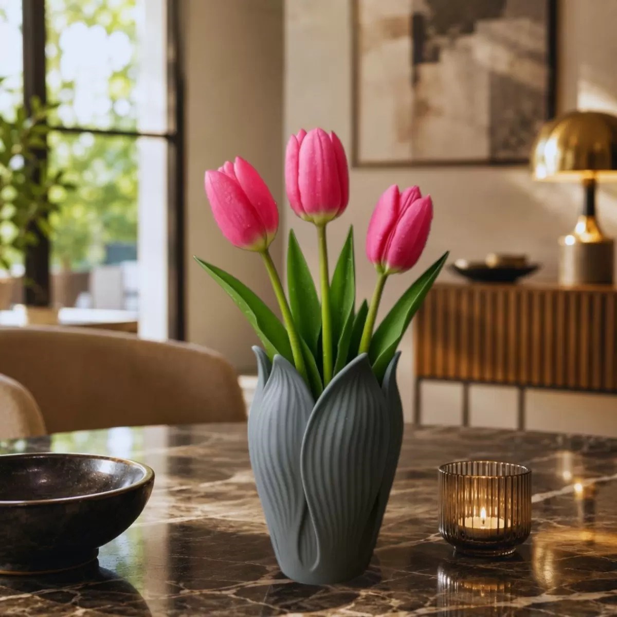 Lotus 3d Dekorati̇f Vazo 18 Cm Gri