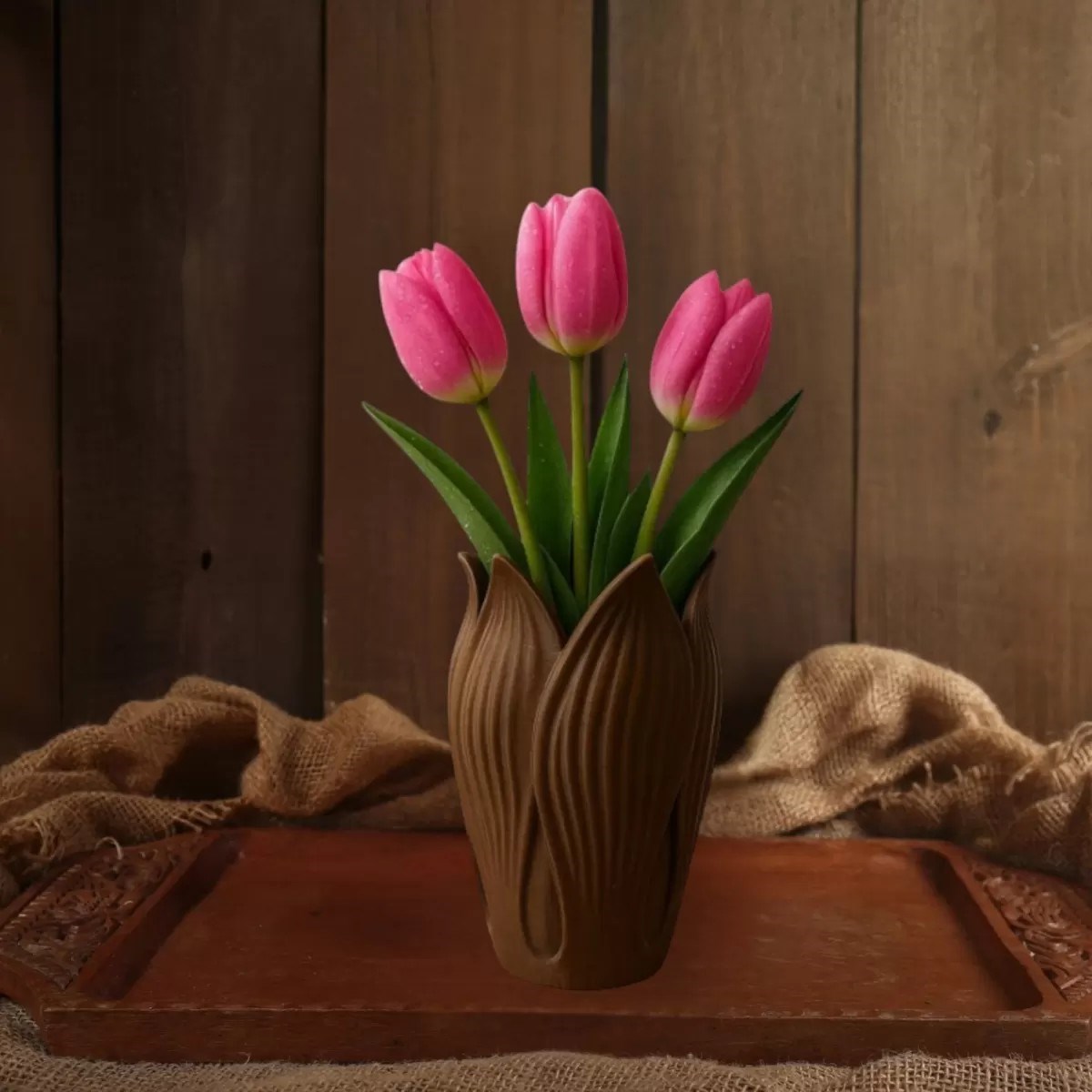 Lotus 3d Dekorati̇f Vazo 18 Cm Kahverengi