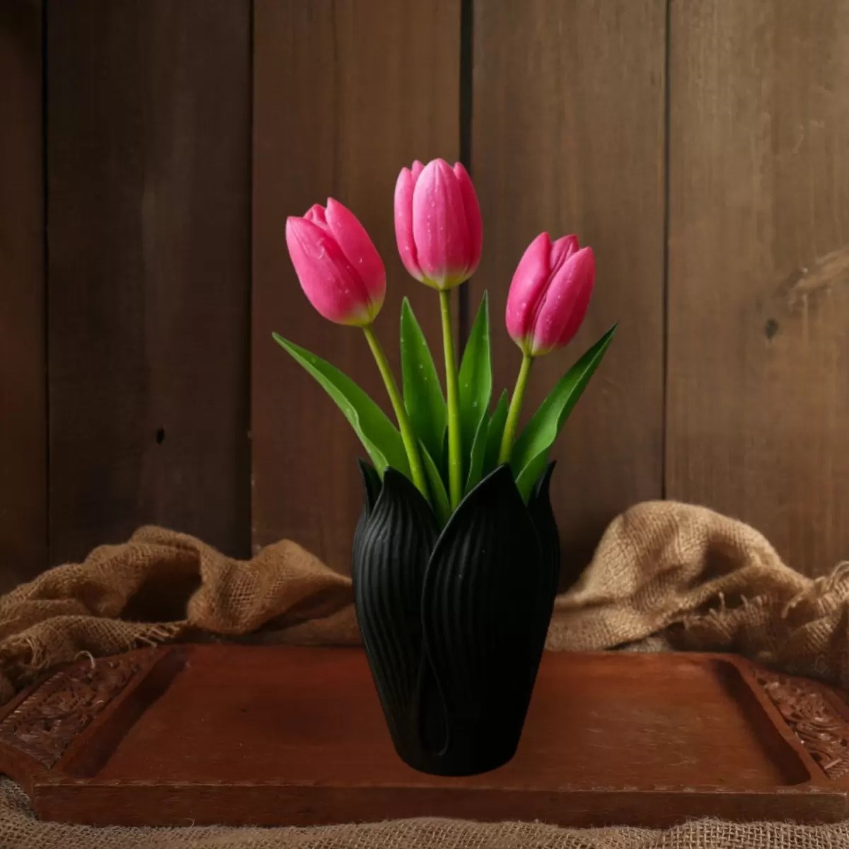 Lotus 3d Dekorati̇f Vazo 18 Cm Siyah