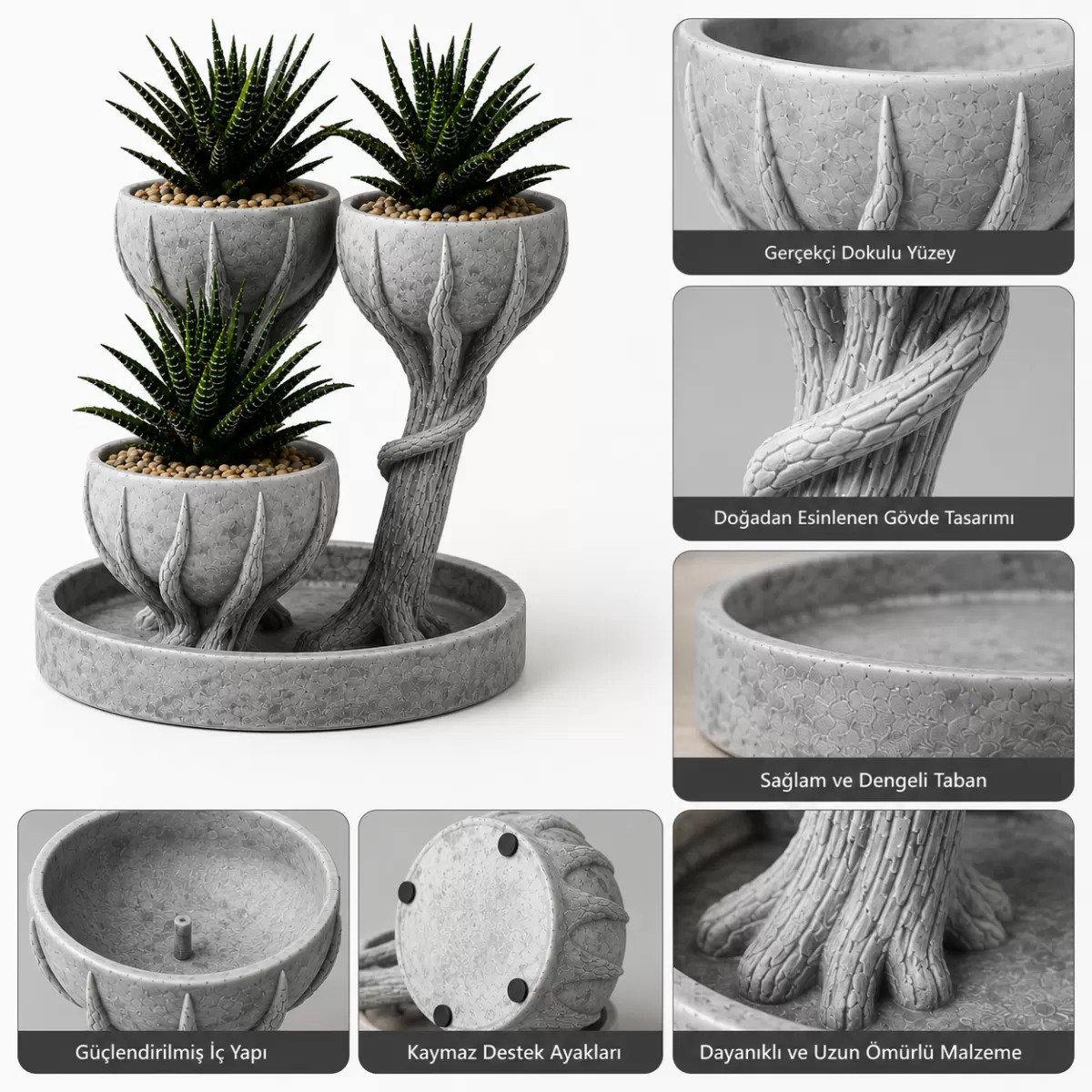 3d Üçlü Hand Of Tree Mermer Desenli Vazo