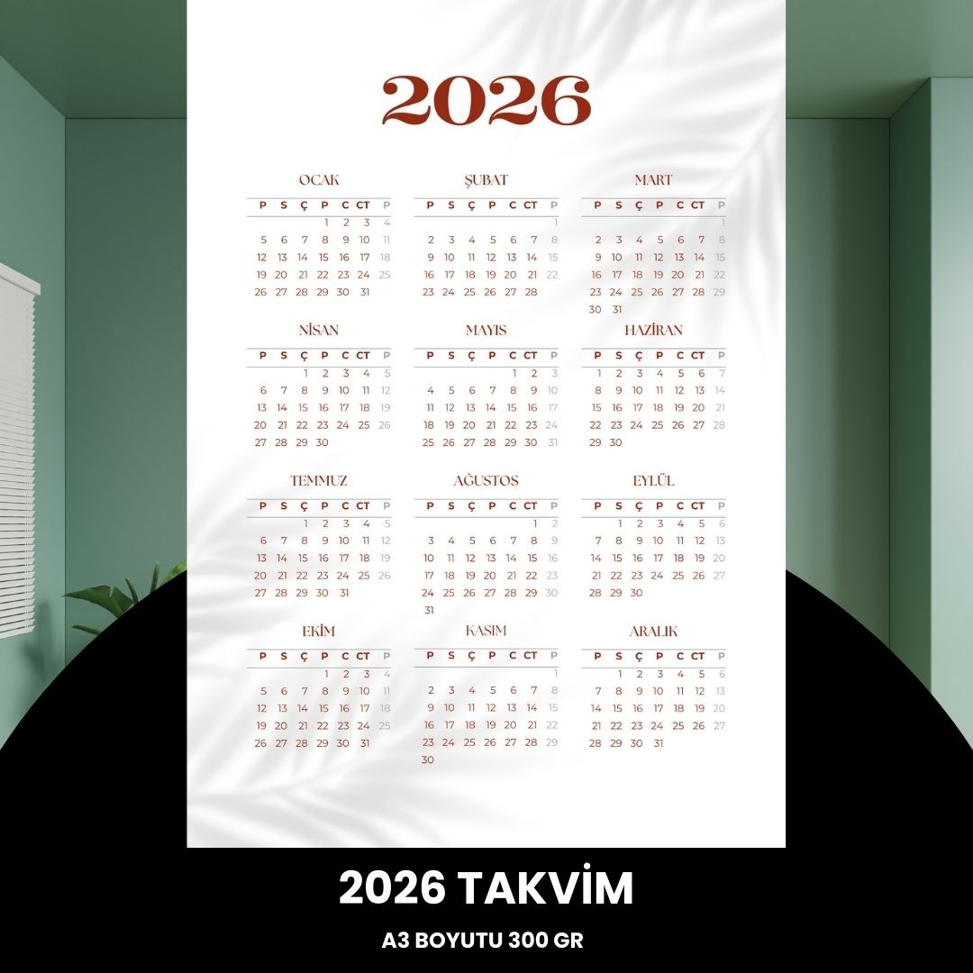 Takvim 2026 Premium A3 300 Gr Dijital Baskı Beyaz Bordo