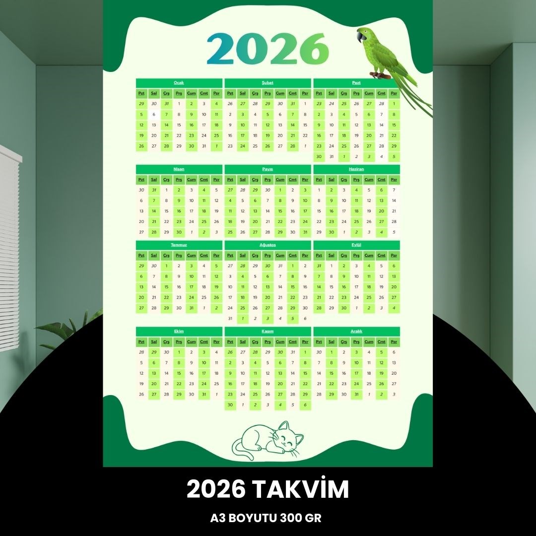 Takvim 2026 Premium A3 300 Gr Dijital Baskı Yeşil-beyaz