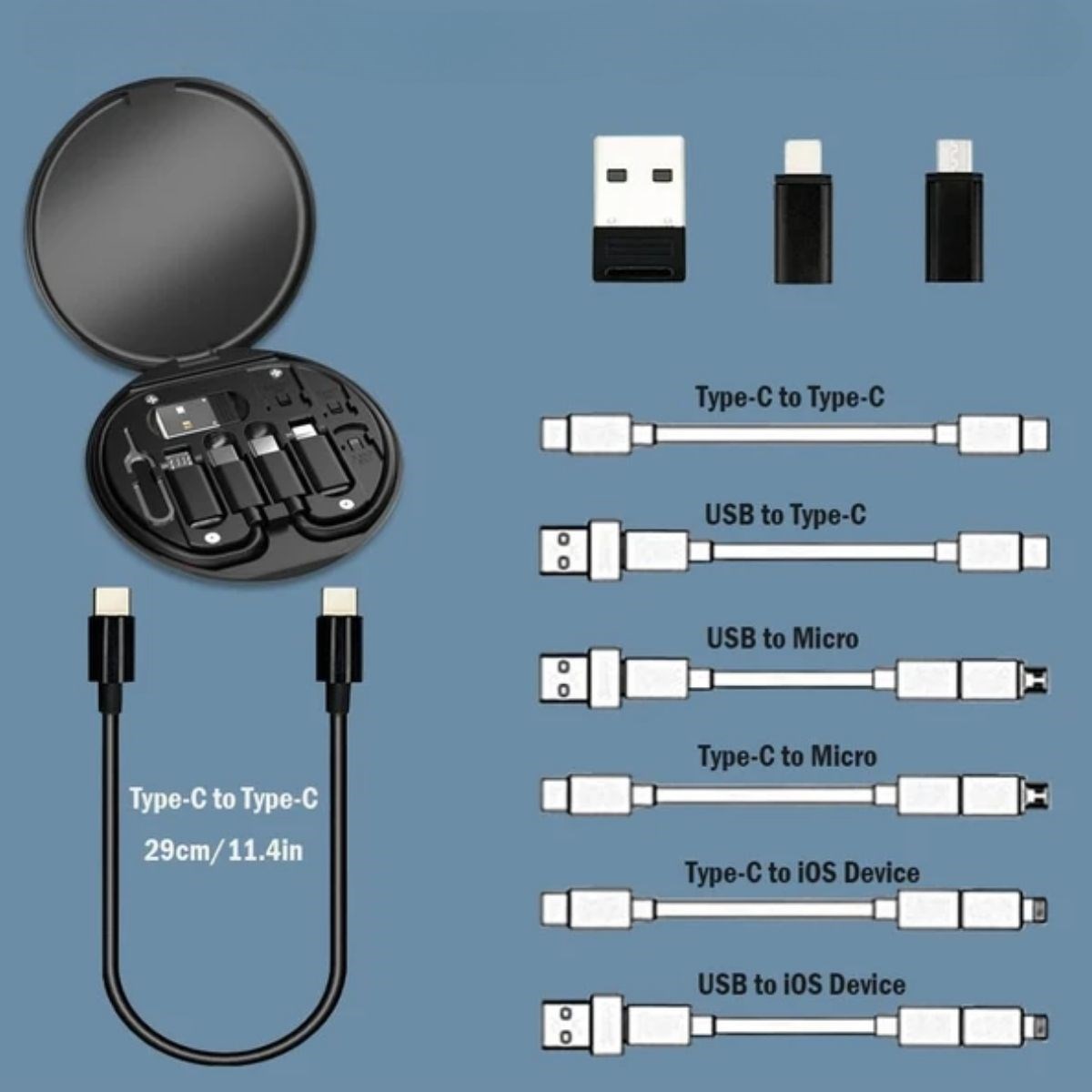 BUFFER® 60w Destekli Kablo Kutusu Seyahat Kablo Seti 5’i 1 arada USB Type-C Şarj Kablosu Seti